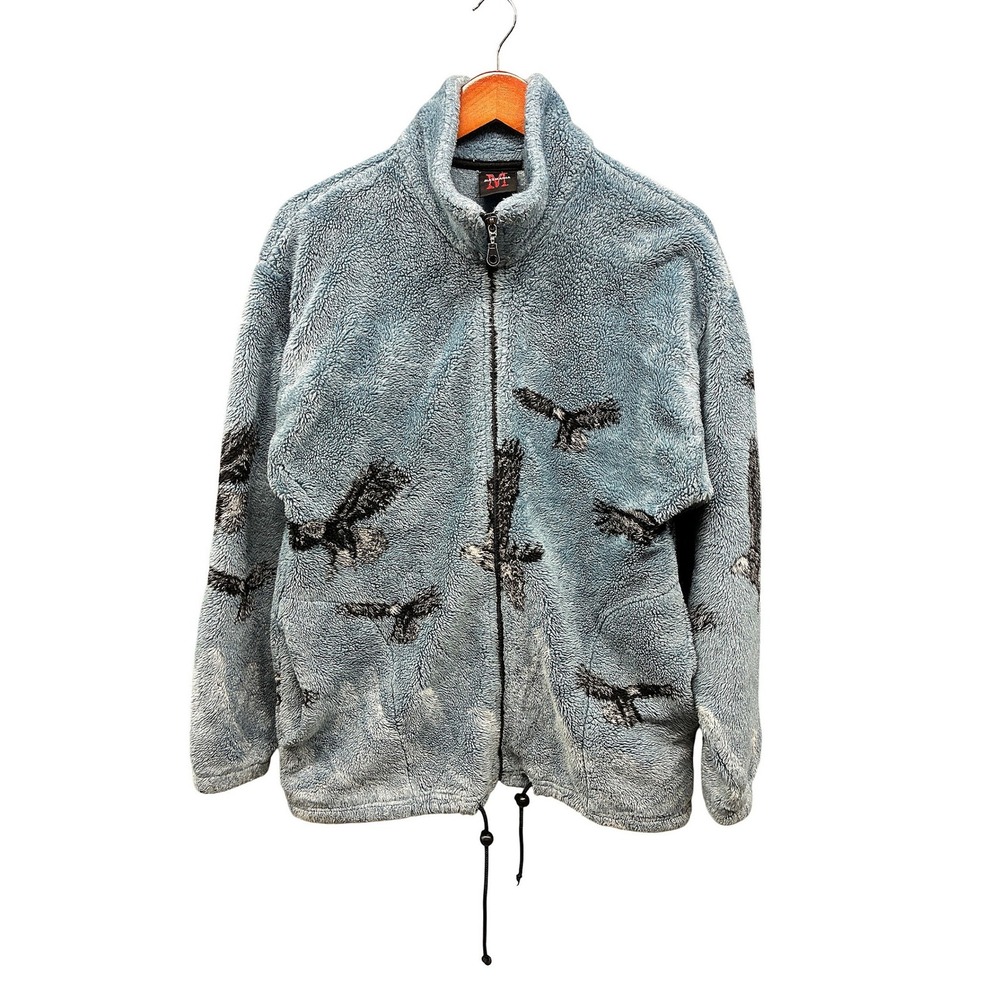 Mazmania Men's Large Vintage Bald Eagle Fleece Jacket Blue Full Zip Outdoors
